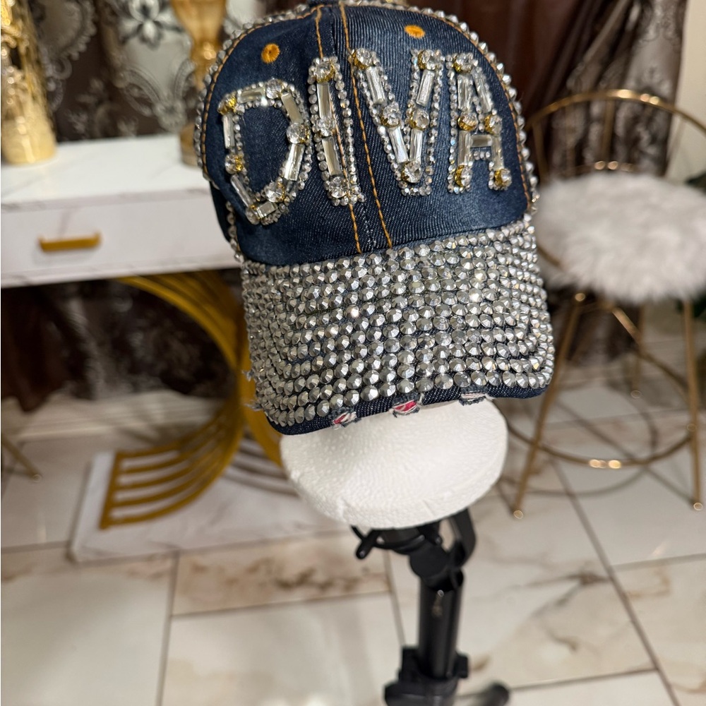 Embellished Denim Cap with Rhinestones